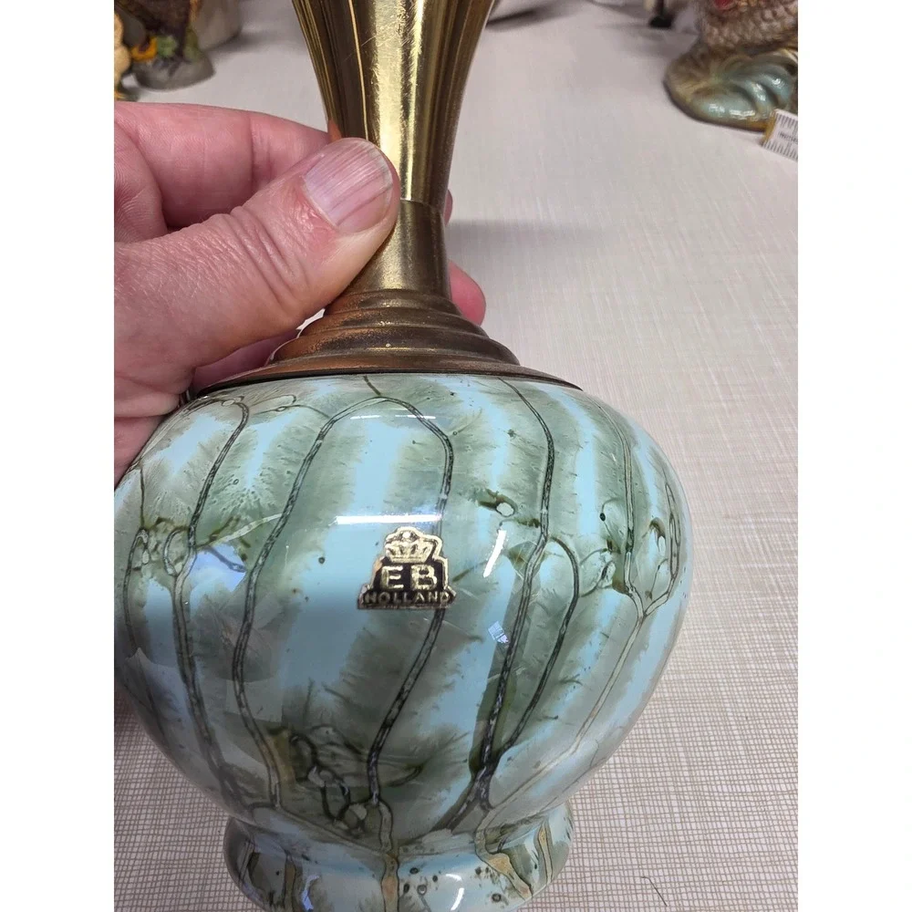 Vintage EB Holland Brass and Marbled Ceramic Bud Vases set of 2 Mid Century